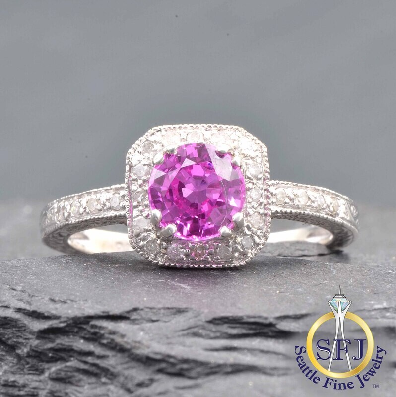 Pink Sapphire and Diamond Halo Ring, Solid Sterling Silver