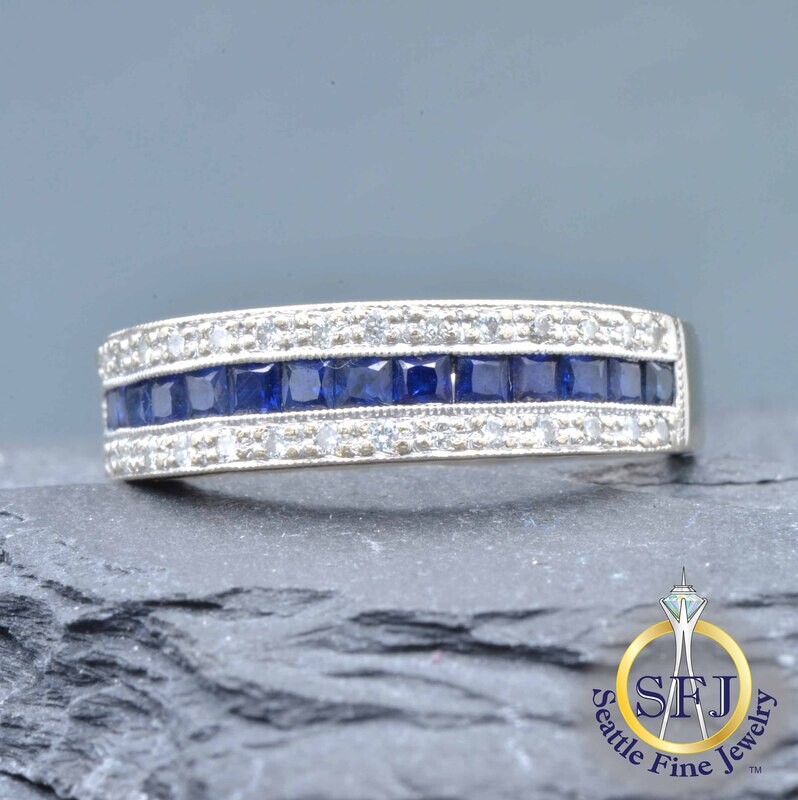 Sapphire and Diamond Triple-Row Ring, Solid 18K White and Yellow Gold