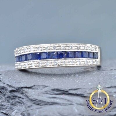 Natural Sapphire and Diamond Ring, Solid 18k White & Yellow Gold