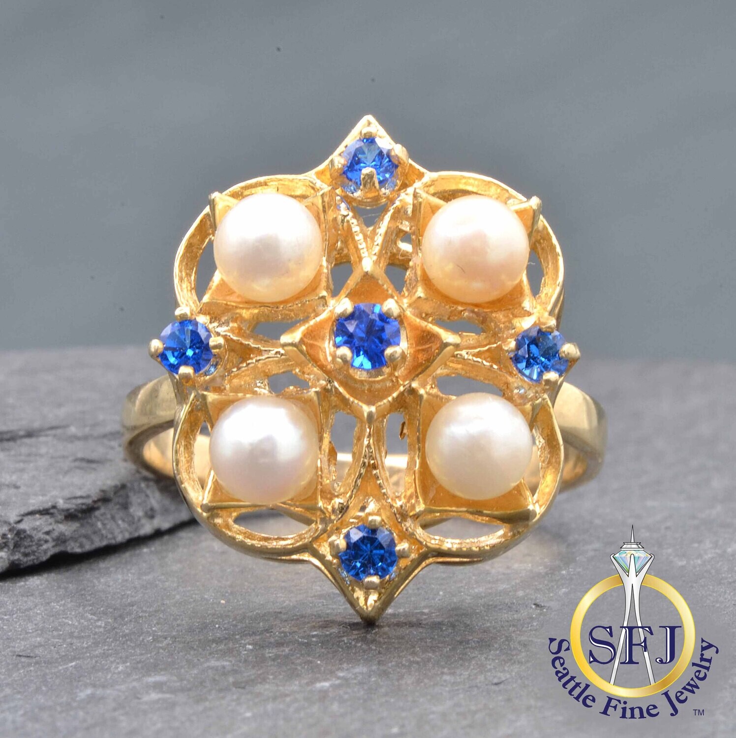 Pearl and Blue Spinel Clover Halo Ring, Solid 14K Yellow Gold