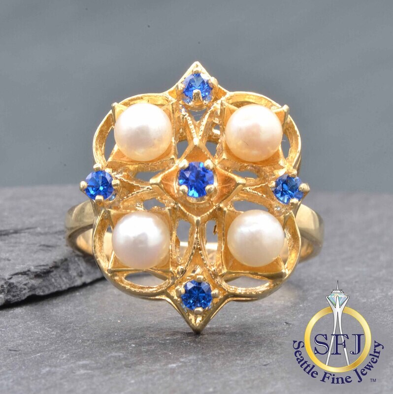 Pearl and Blue Spinel Clover Halo Ring, Solid 14K Yellow Gold