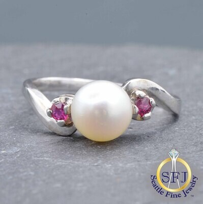 Chinese Freshwater Pearl and Ruby Ring, Solid 14k White Gold