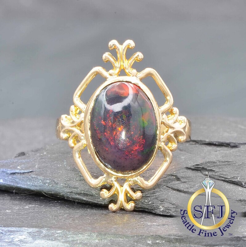 Black Opal Filigree Marquise Halo Ring, Solid 10K Yellow Gold