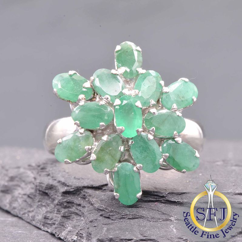 Emerald Starburst Cluster Ring, Solid Sterling Silver