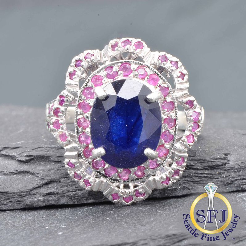 Sapphire and Ruby Double Halo Ring, Solid Sterling Silver