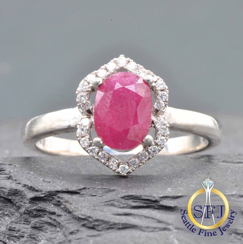Ruby and CZ Sculpted Halo Ring, Solid Sterling Silver