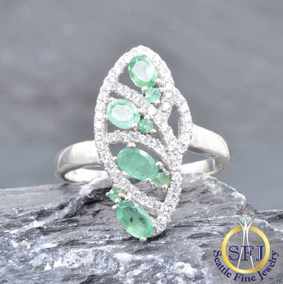 Emerald and Cubic Zirconia Ring, Solid 925 Sterling Silver