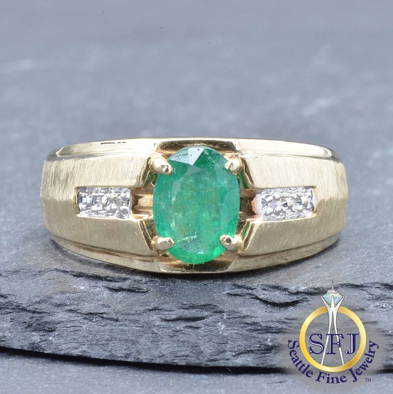 Emerald and Diamond Wide Textured Band Ring, Solid 10K Yellow Gold