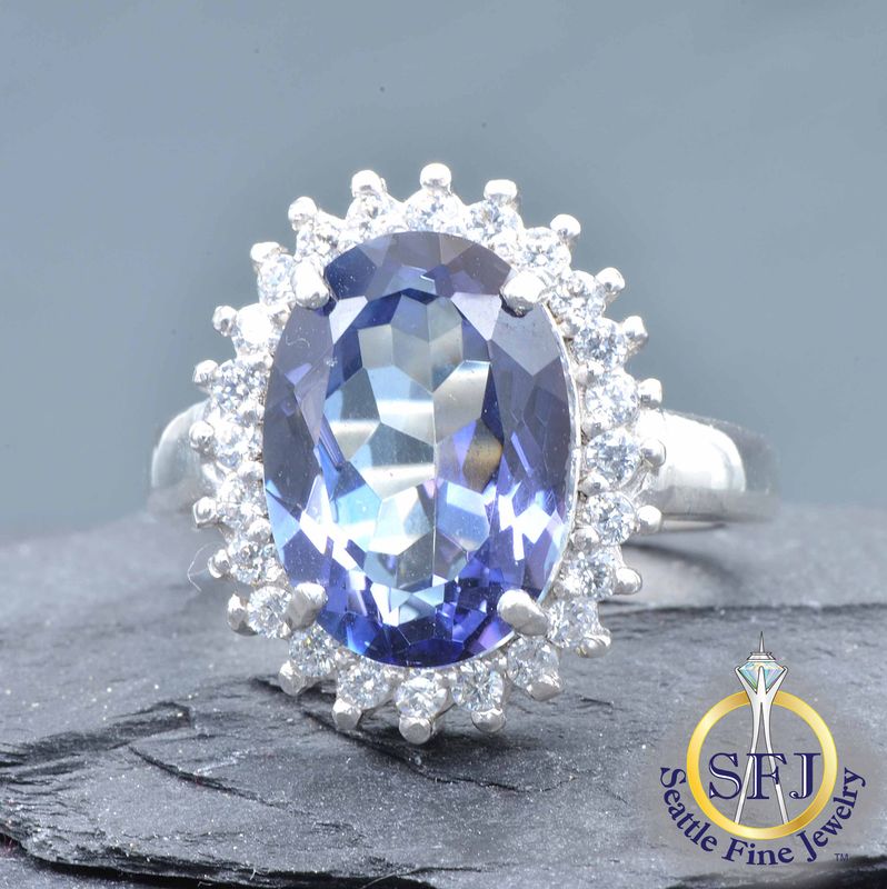Iolite and CZ Halo Ring, Solid Sterling Silver