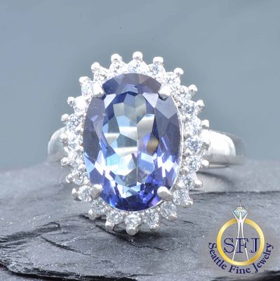 Iolite and Cubic Zirconia Ring, Solid 925 Sterling Silver