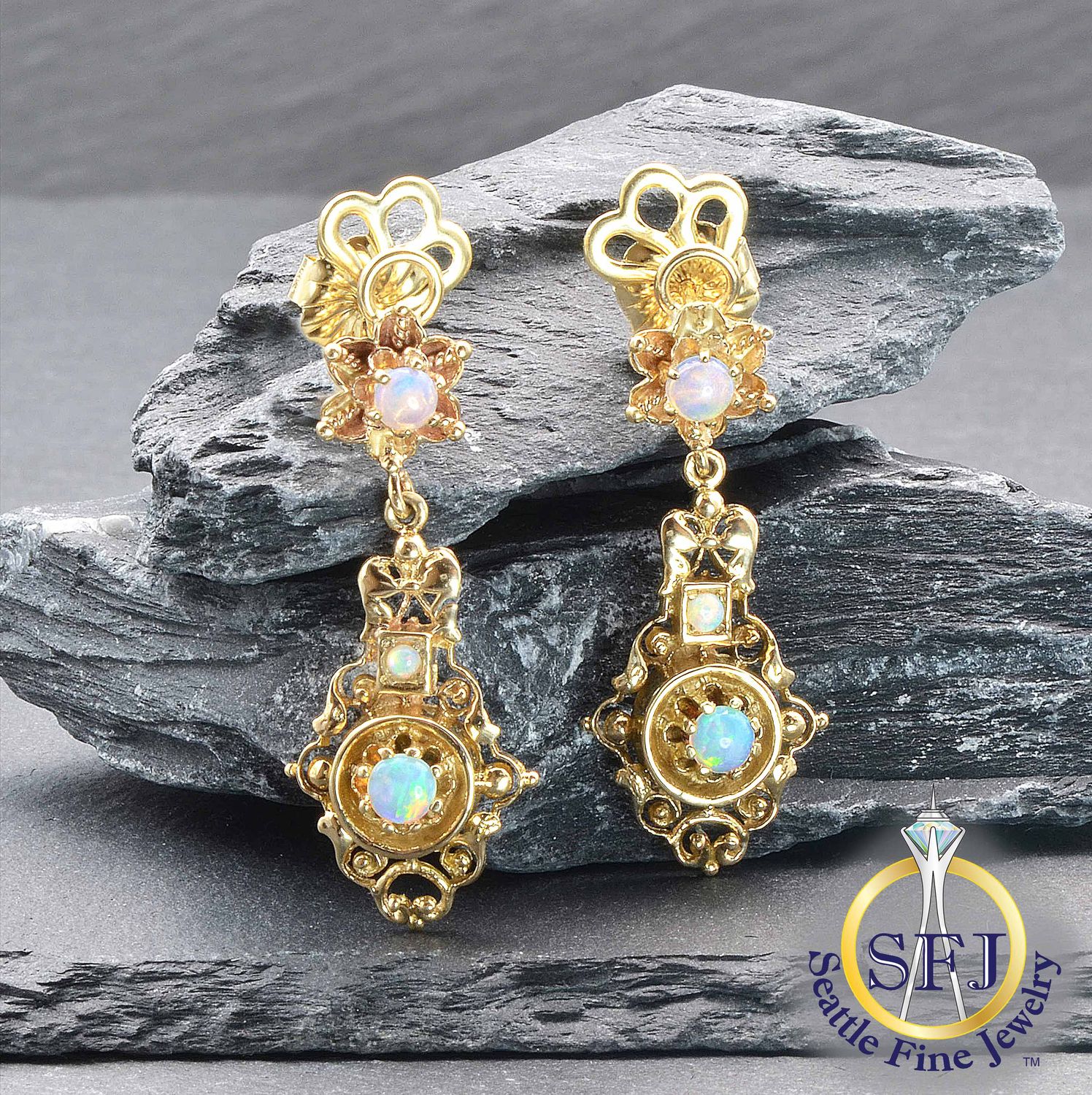 Opal Ornate Chandelier Earrings, Solid 14K Yellow Gold