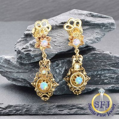 Crystal Opal Earrings, Solid 14K Yellow Gold