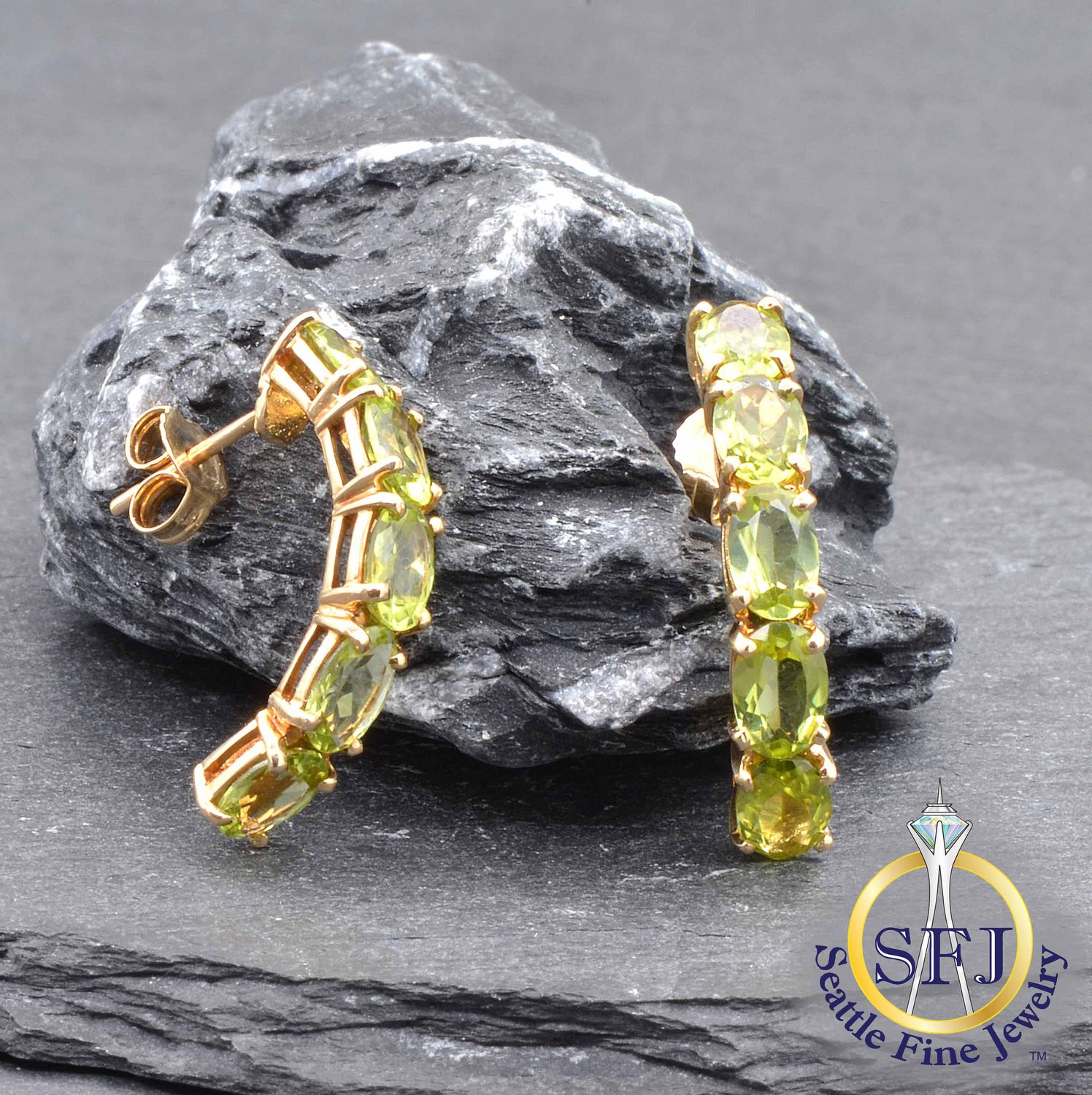 Peridot J-Hoop Earrings, Solid 14K Yellow Gold