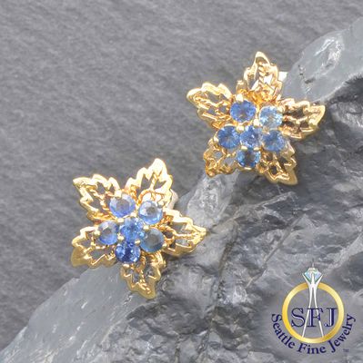 Sapphire Botanical Earrings, Yellow Gold EP over Sterling Silver