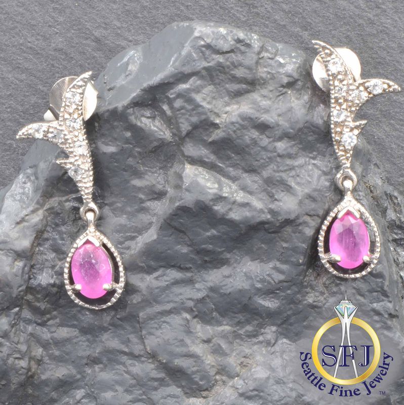 Ruby and CZ Leaf-Top Drop Earrings, Solid Sterling Silver