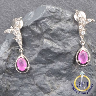 Ruby and CZ Leaf-Top Drop Earrings, Solid Sterling Silver