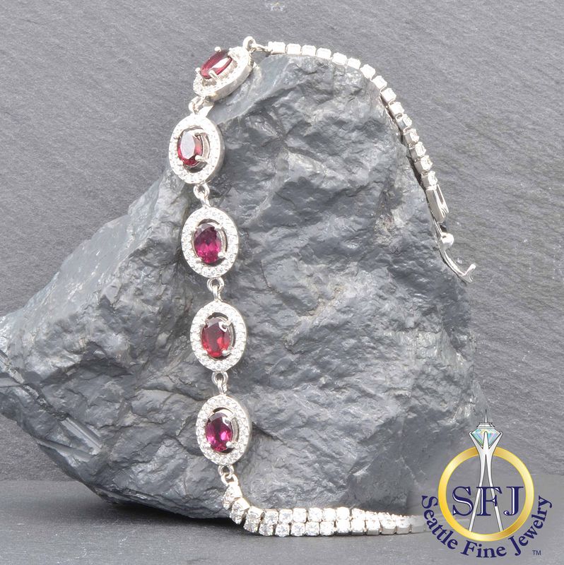 Rhodolite Garnet and CZ Oval Link Tennis Bracelet, Solid Sterling Silver