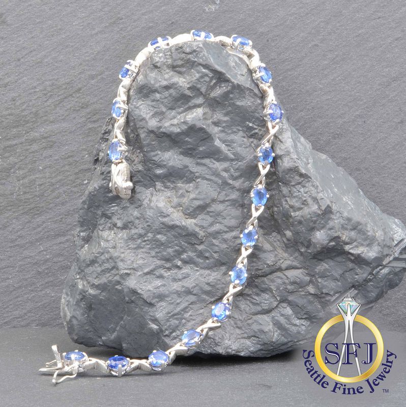 Blue Kyanite Fancy Link Tennis Bracelet, Solid Sterling Silver
