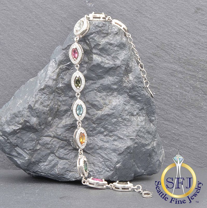 Multiple Gemstone and CZ Marquise Link Bracelet, Solid Sterling Silver