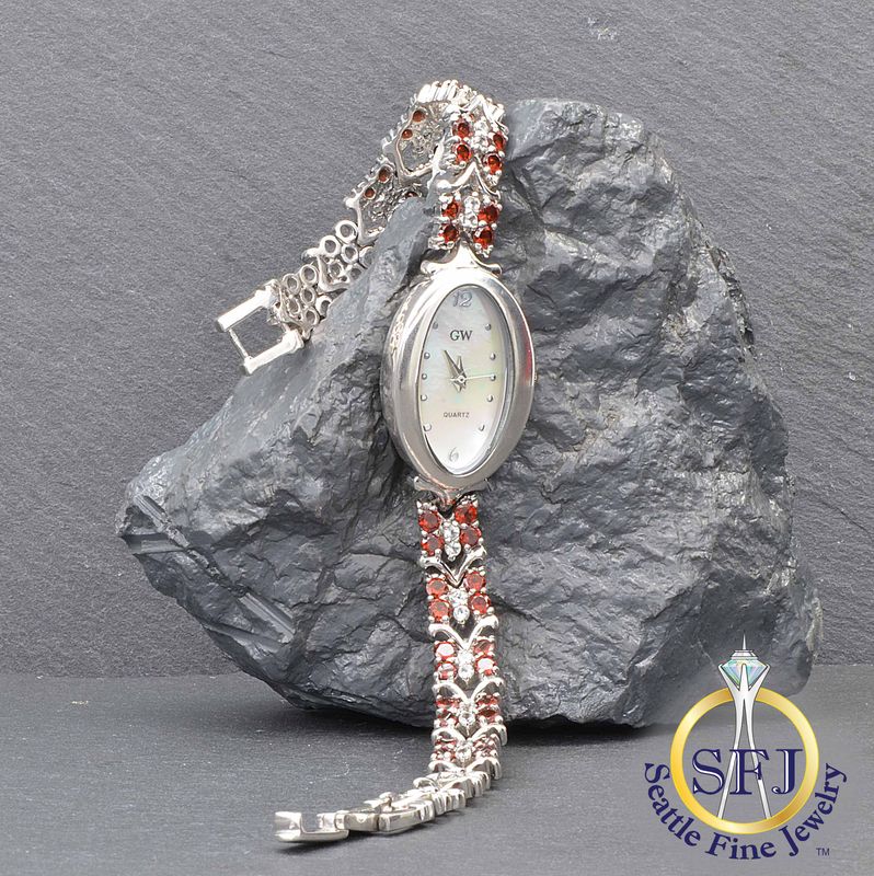 Garnet and CZ Fancy Link Oval-Face Watch, Solid Sterling Silver