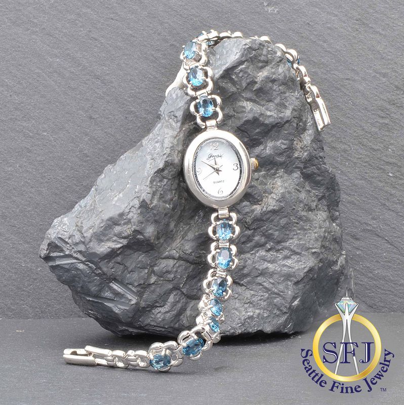 London Blue Topaz Fancy Link Oval-Face Watch, Solid Sterling Silver London Blue Topaz Fancy Link Oval-Face Watch, Solid Sterling Silver