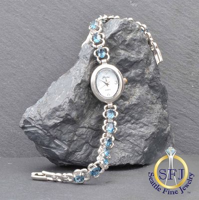 London Blue Topaz Fancy Link Oval-Face Watch, Solid Sterling Silver