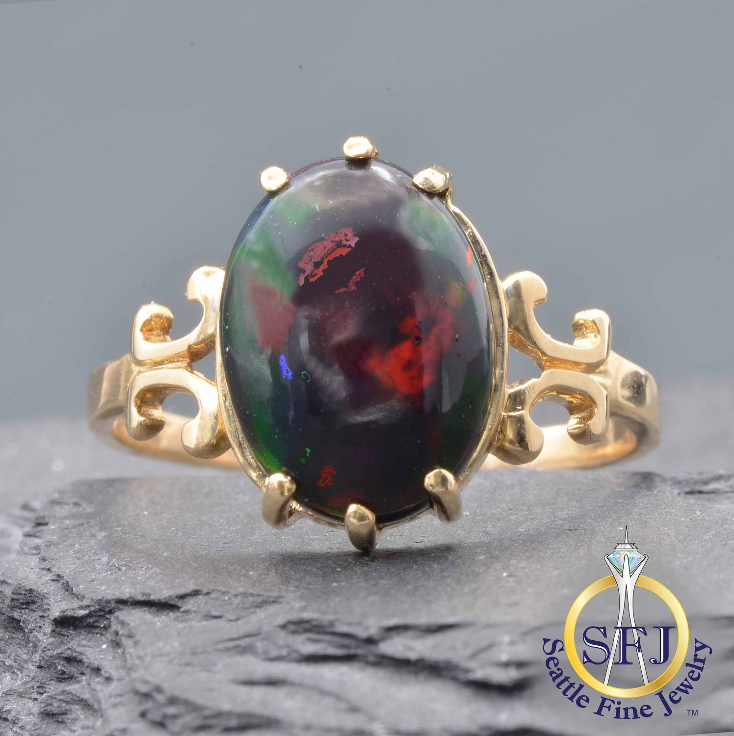 Natural Black Opal Filigree Ring, Solid 14k Yellow Gold