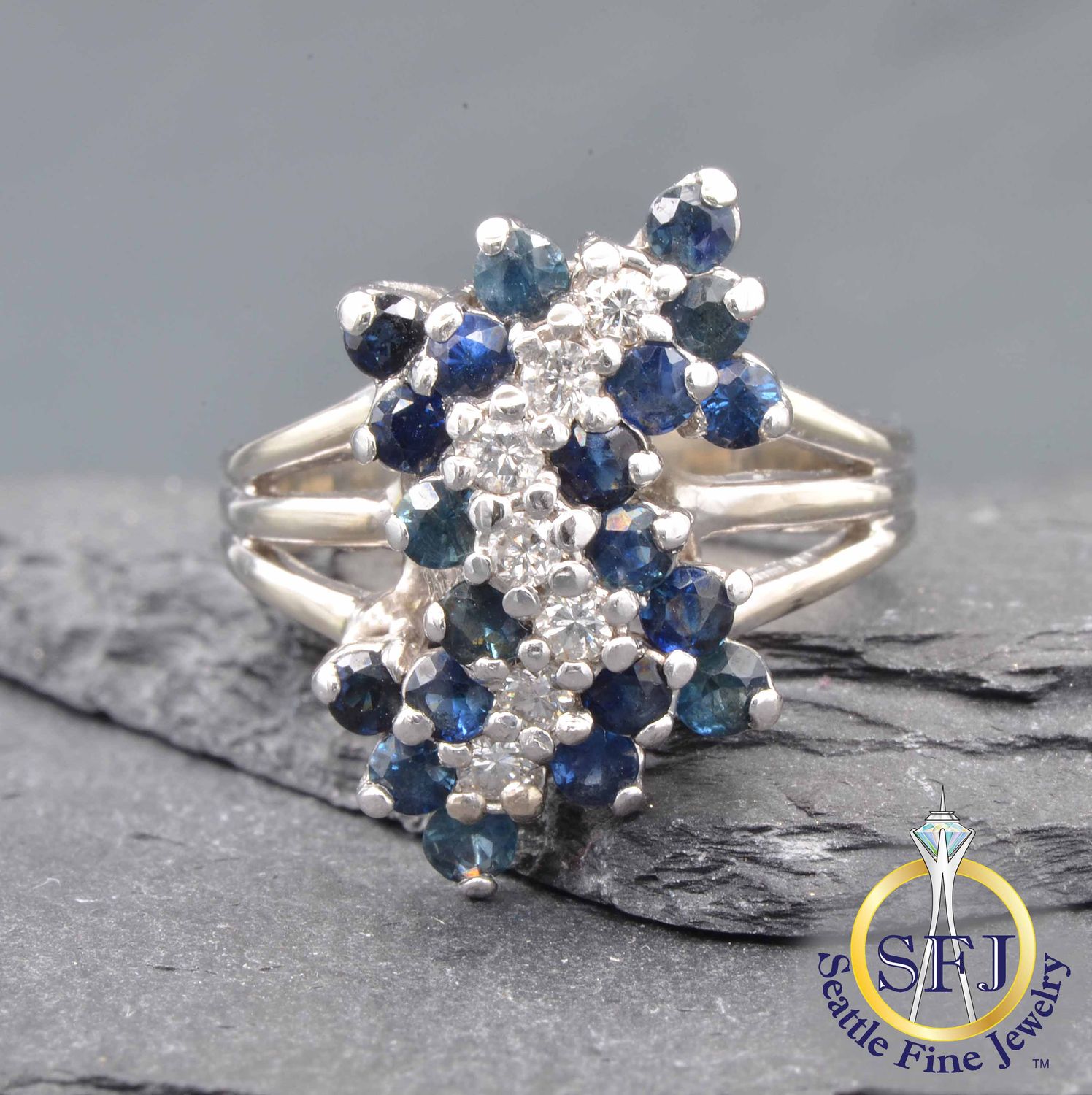 Sapphire and Diamond Triple-Row Wave Ring, Solid 14K White Gold