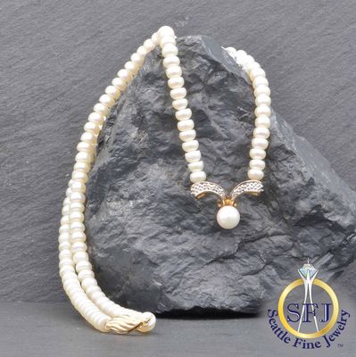 Pearl and Diamond Lavalier Necklace, Solid 14K Yellow Gold