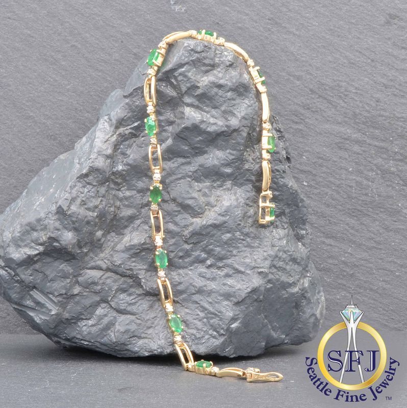 Emerald and Diamond Rectangle Link Tennis Bracelet, Solid 10K Yellow Gold