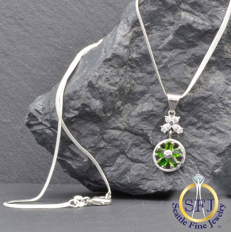 Chrome Diopside and CZ Pendant Necklace, Solid Sterling Silver
