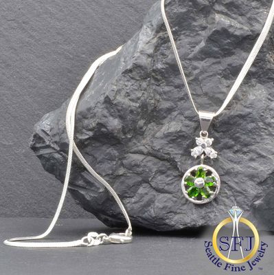 Chrome Diopside and CZ Necklace, Solid 925 Sterling Silver