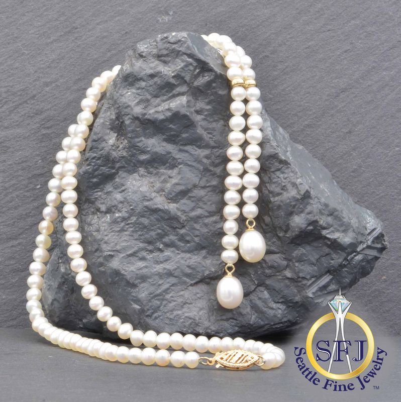 Pearl Lariat Y Necklace, Solid 14K Yellow Gold