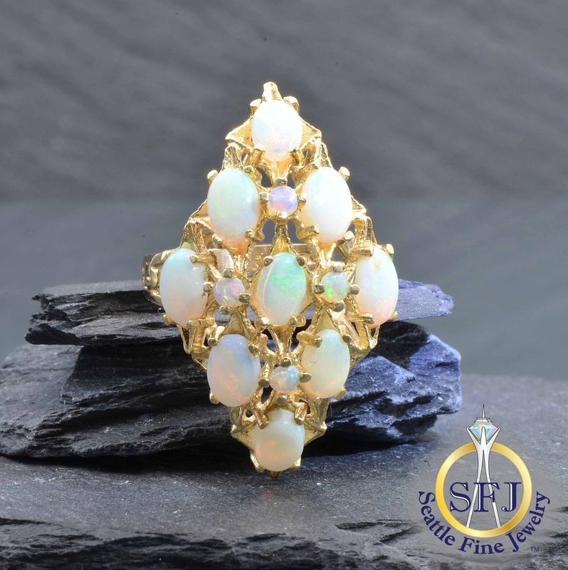 Marquise Opal Cluster Cocktail Ring, Solid 14K Yellow Gold