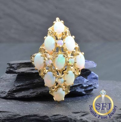 Marquise White Opal and Jelly Opal Cocktail Ring, Solid 14k Yellow Gold