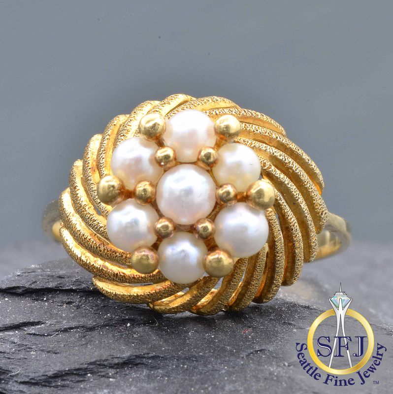 Pearl Swirl Cluster Ring, Solid 18K Yellow Gold