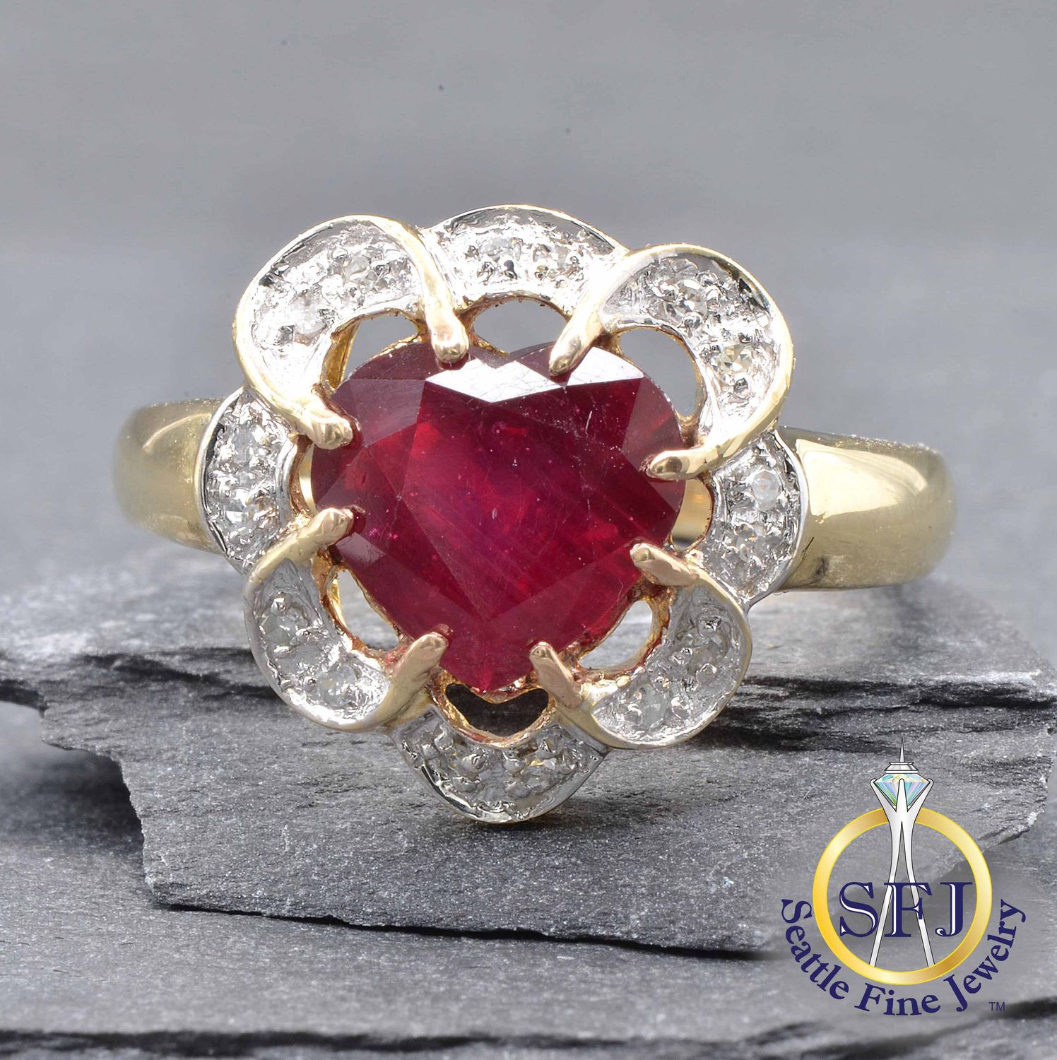 Ruby and Diamond Ring, Solid 14k Yellow Gold