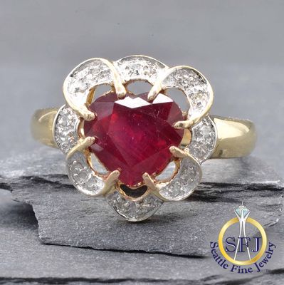 Ruby and Diamond Ring, Solid 14k Yellow Gold