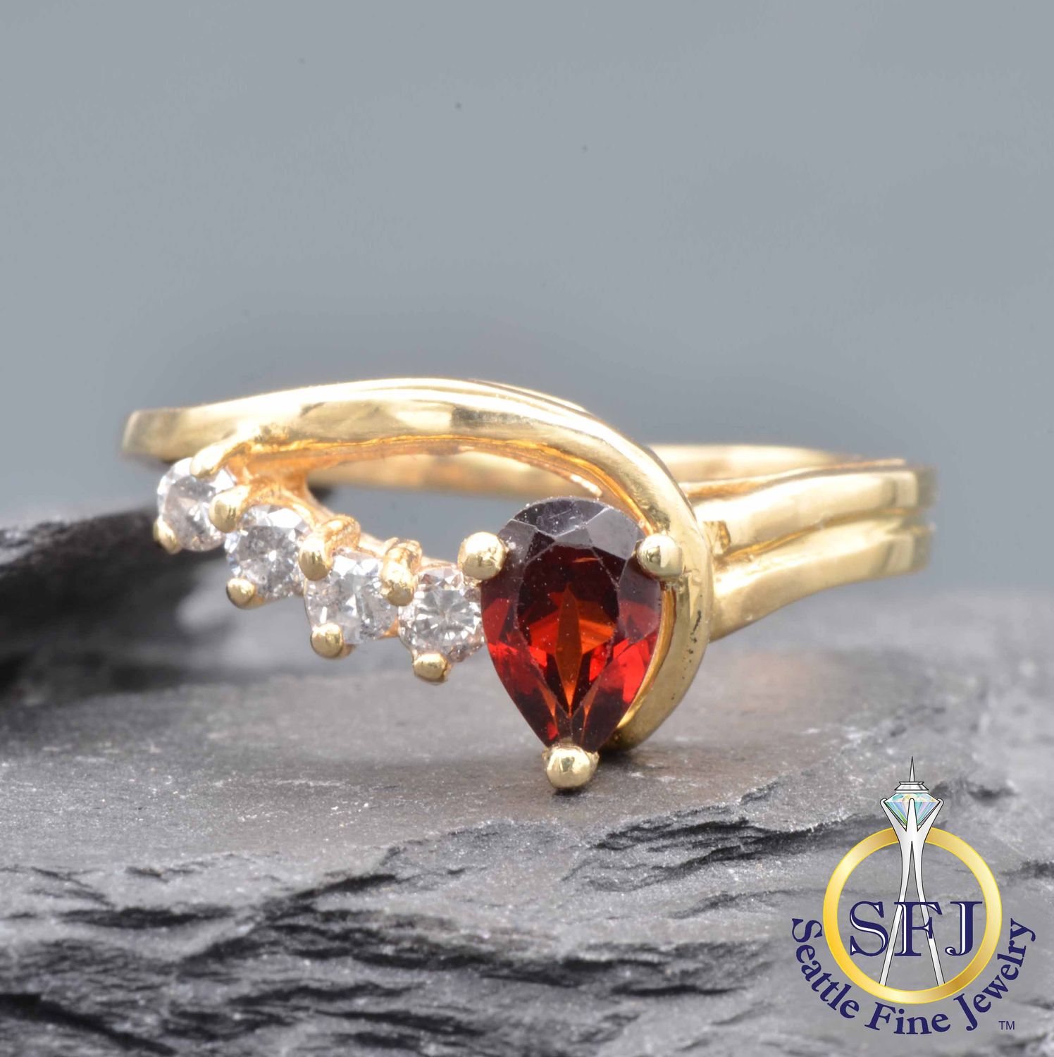 Pear Garnet and Diamond Swirl Bypass Ring, Solid 14K Yellow Gold