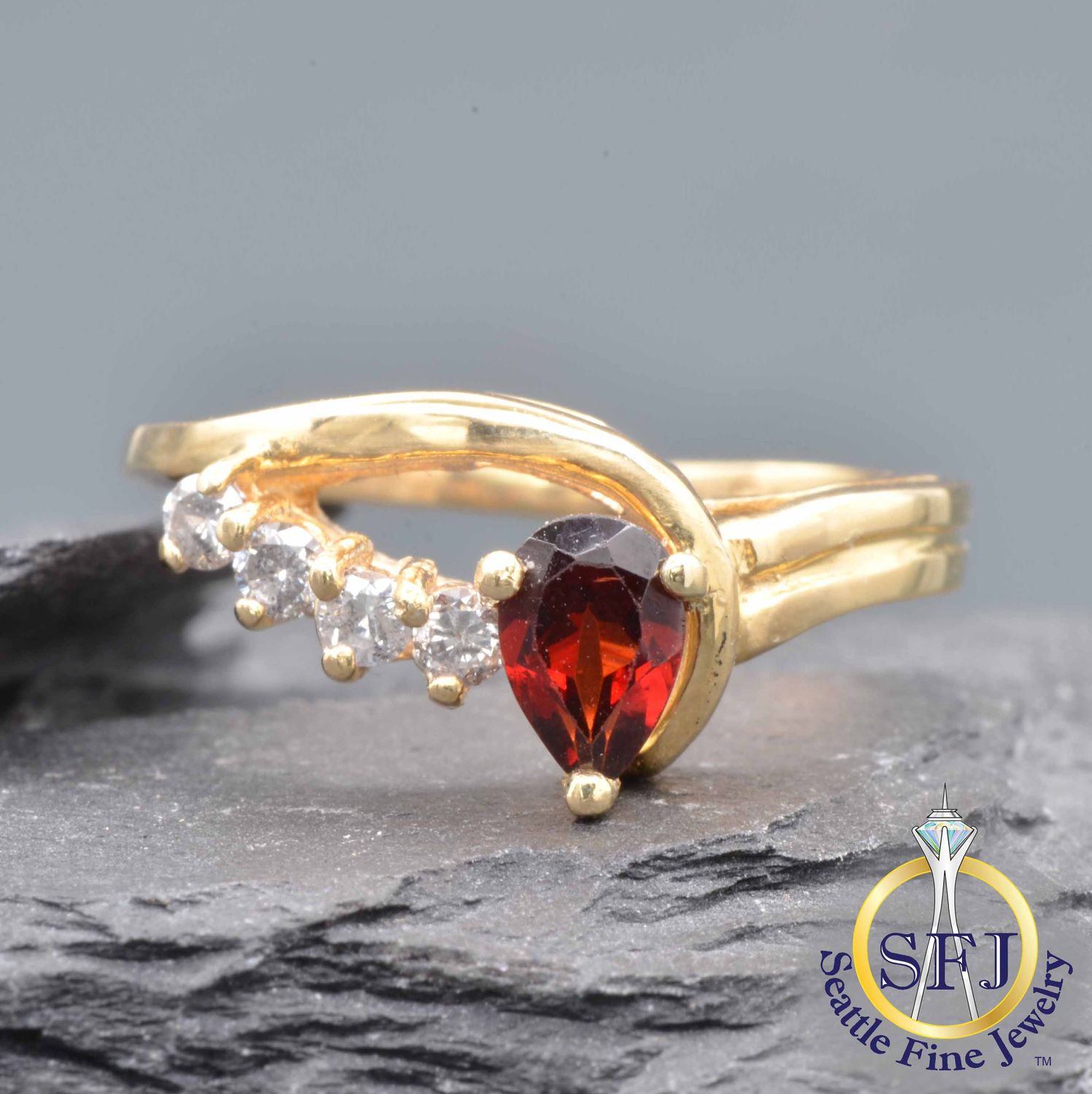 Almandine Garnet and Diamond Ring, Solid 14k Yellow Gold