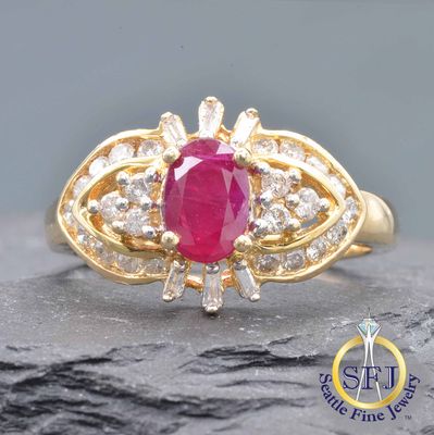 Ruby and Diamond Accented Ring, Solid 14k Yellow Gold