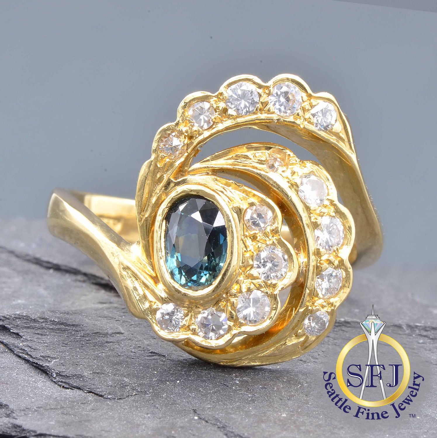 Sapphire and Diamond Triple-Half-Halo Bypass Ring, Solid 18K Yellow Gold