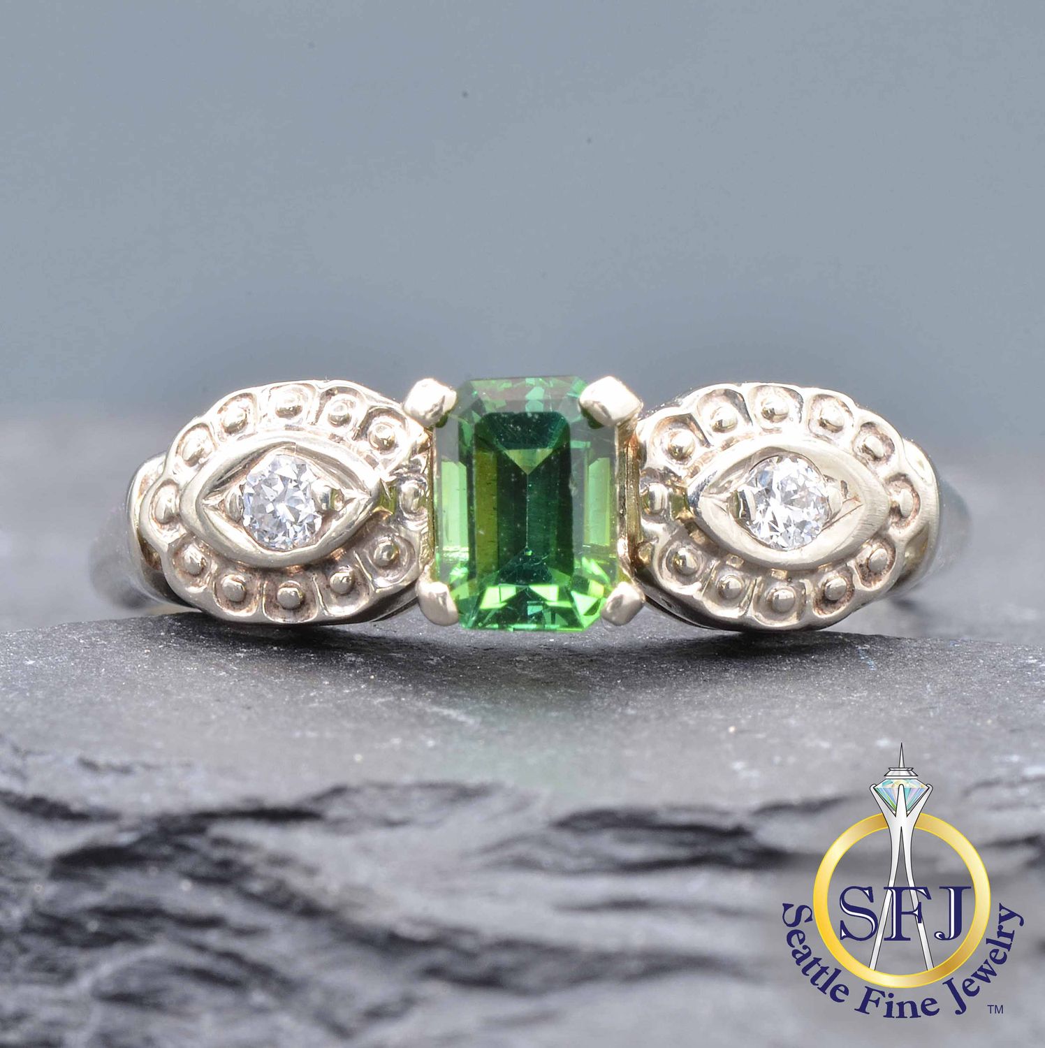 Green Tourmaline and Diamond Milgrain Ring, Solid 14K White Gold