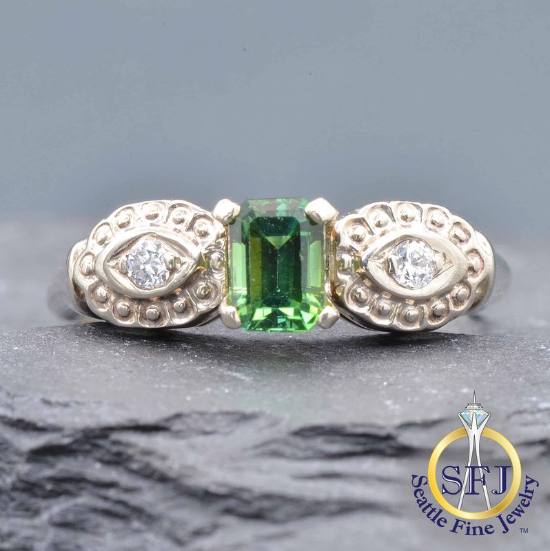 Green Tourmaline and Diamond Milgrain Ring, Solid 14K White Gold