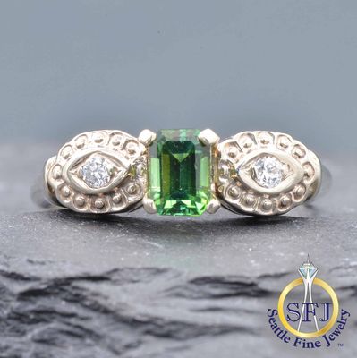 Green Tourmaline and Diamond Ring, Solid 14k White Gold