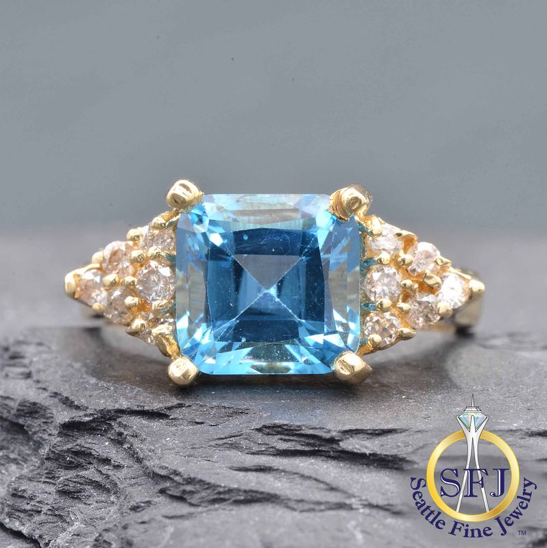 Blue Topaz and Diamond Ring, Solid 14K Yellow Gold
