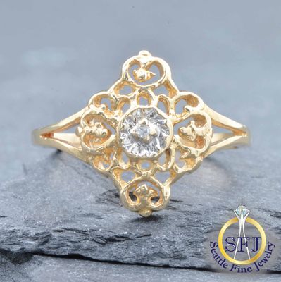 Filigree Diamond Accented Ring, Solid 10k Yellow Gold