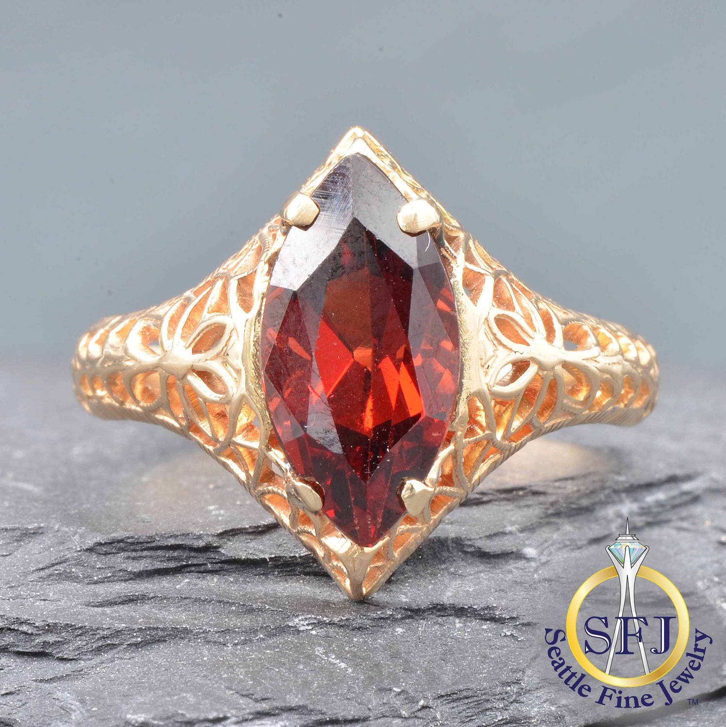 Marquise Garnet Filigree Solitaire Ring, Solid 14K Yellow Gold