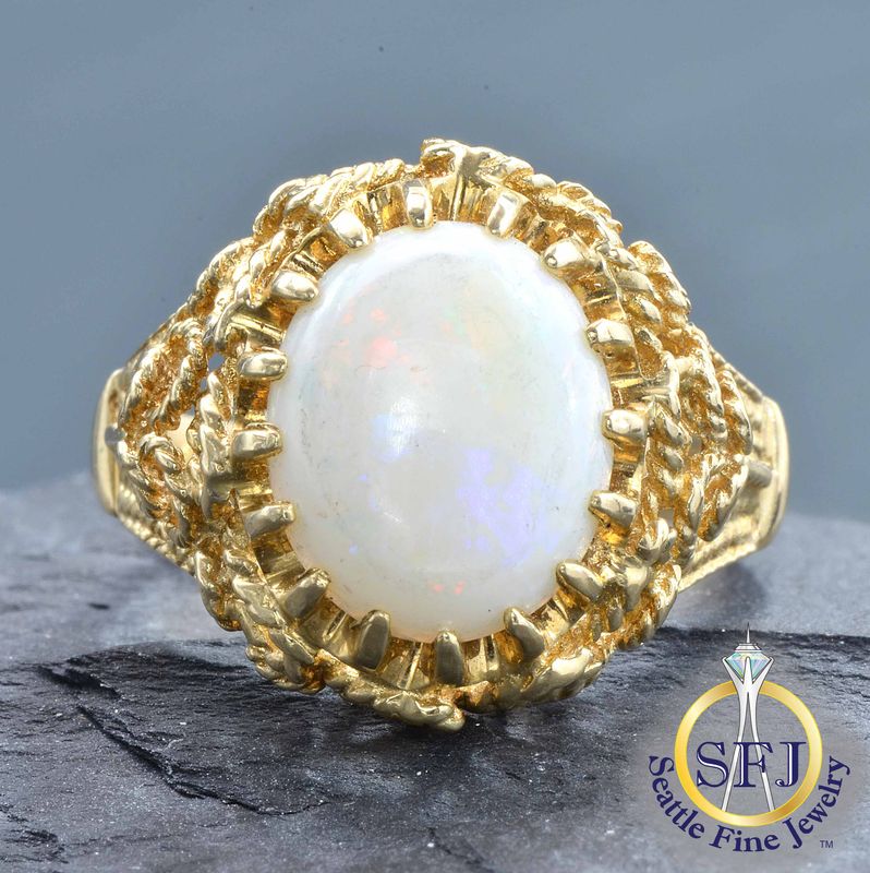 Opal Filigree Rope Solitaire Ring, Solid 14K Yellow Gold