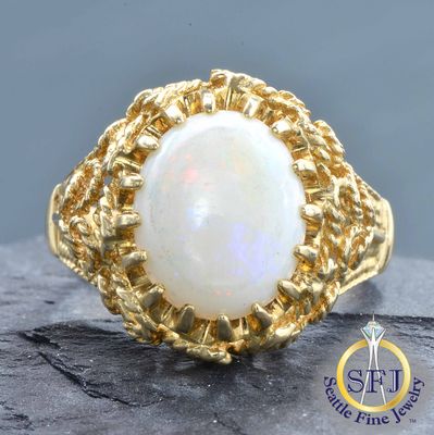 Opal Filigree Rope Solitaire Ring, Solid 14K Yellow Gold